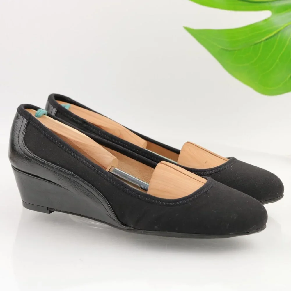 Lifestride Womens Hera Pump Size 7.5 Black Satin Wedge Heel Slip On Casual Shoes